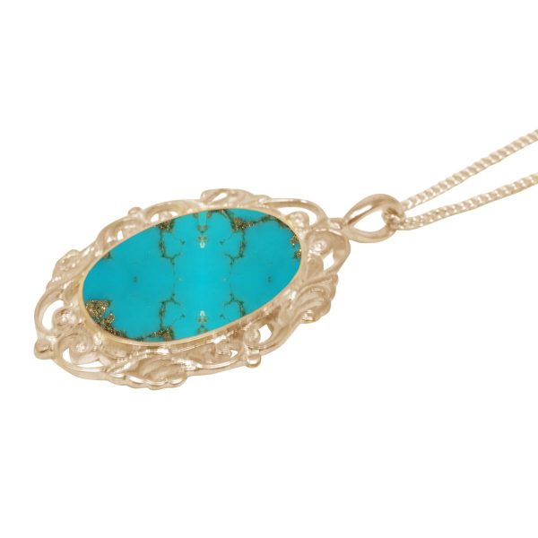 Yellow Gold Turquoise Oval Ornate Pendant