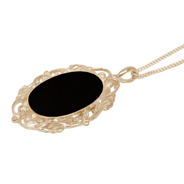 Yellow Gold Whitby Jet Oval Ornate Pendant