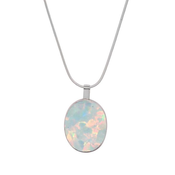 White Gold Opalite Sun Ice Oval Pendant