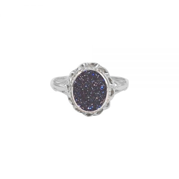 White Gold Blue Goldstone Oval Ring