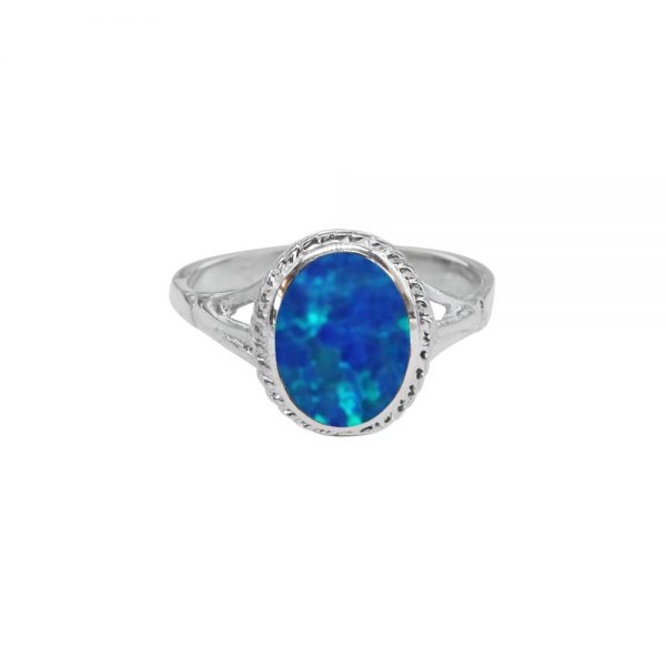 White Gold Opalite Cobalt Blue Oval Ring