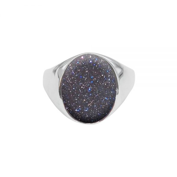 Silver Blue Goldstone Oval Signet Ring