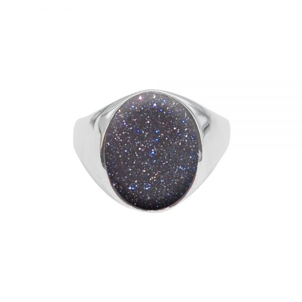 White Gold Blue Goldstone Oval Signet Ring