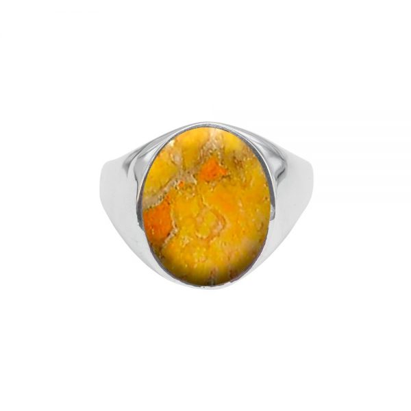 White Gold Bumblebee Jasper Oval Signet Ring