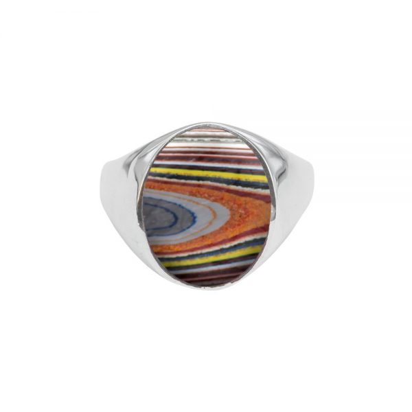 White Gold Fordite Oval Signet Ring