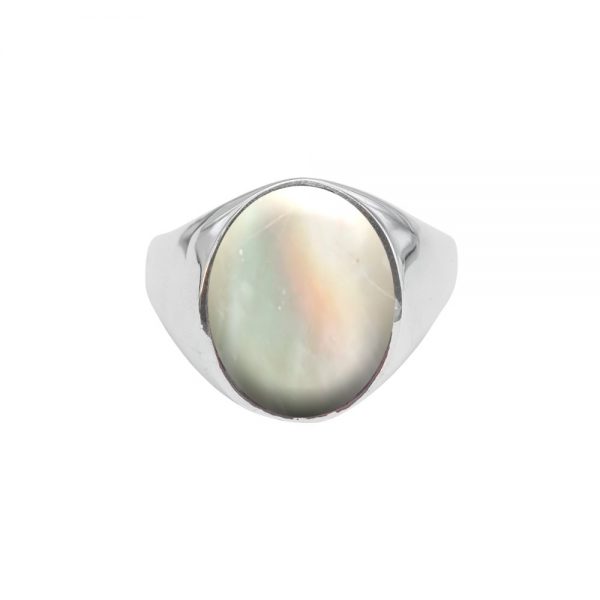 White Gold Mother of Pearl Oval Signet Ring