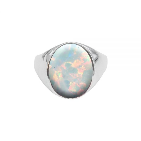 White Gold Opalite Sun Ice Oval Signet Ring