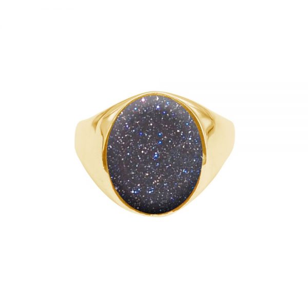 Yellow Gold Blue Goldstone Oval Signet Ring