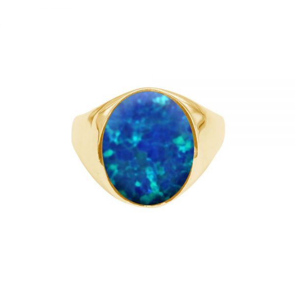 Yellow Gold Opalite Cobalt Blue Oval Signet Ring