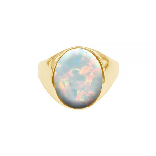 Yellow Gold Opalite Sun Ice Oval Signet Ring