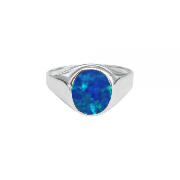 White Gold Opalite Cobalt Blue Signet Ring