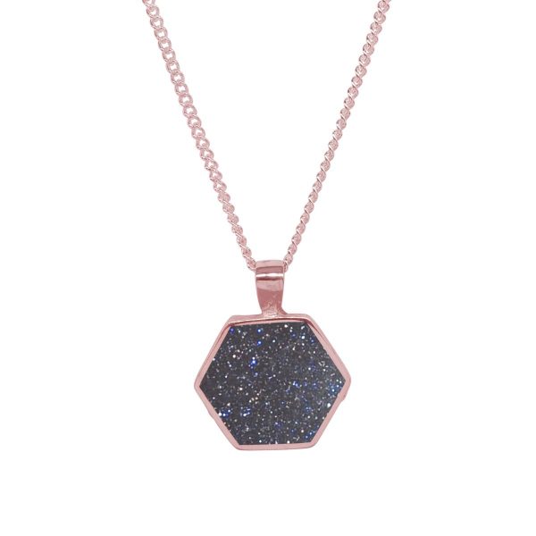 Rose Gold Blue Goldstone Hexagonal Double Sided Pendant