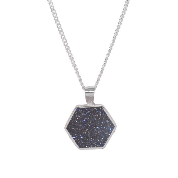 Silver Blue Goldstone Hexagonal Double Sided Pendant