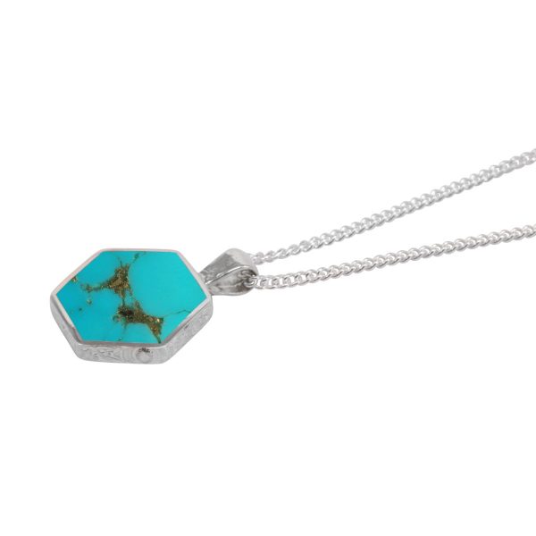 White Gold Turquoise Hexagonal Double Sided Pendant