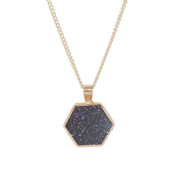 Yellow Gold Blue Goldstone Hexagonal Double Sided Pendant