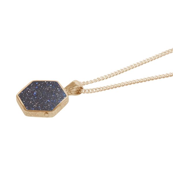 Yellow Gold Blue Goldstone Hexagonal Double Sided Pendant