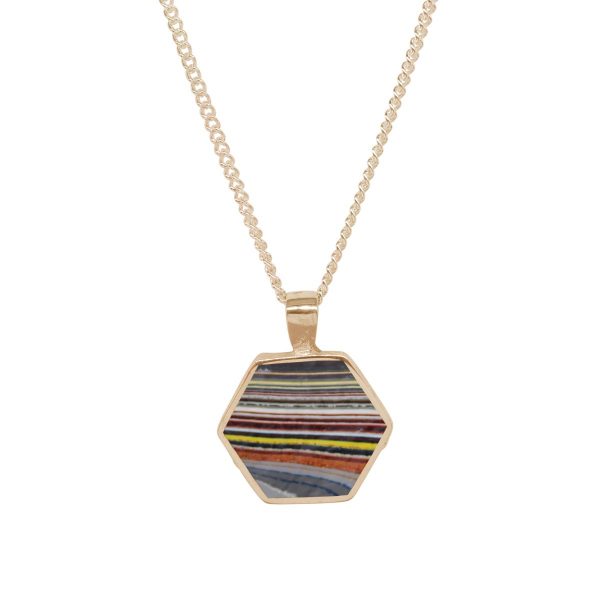 Yellow Gold Fordite Hexagonal Double Sided Pendant