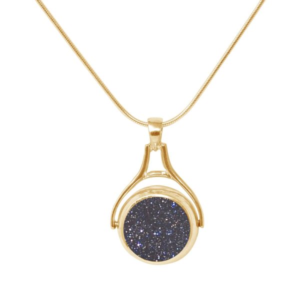 Yellow Gold Blue Goldstone Round Double Sided Pendant