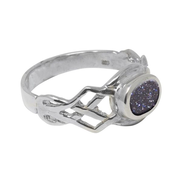 Silver Blue Goldstone Oval Stone Celtic Ring