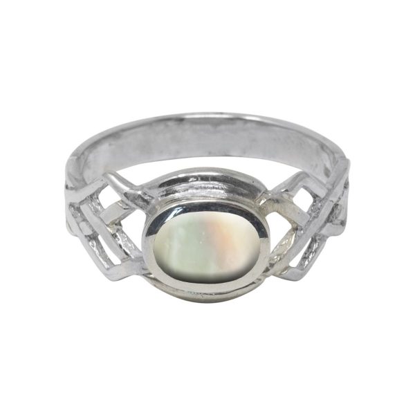 Silver Mother of Pearl Oval Stone Celtic Ring