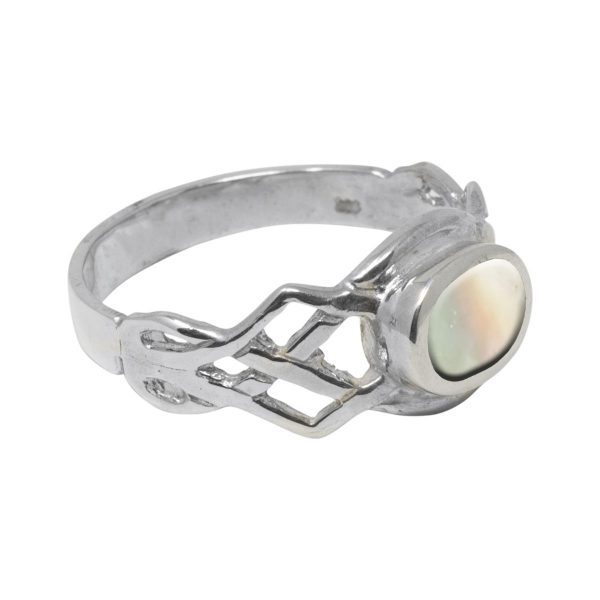 Silver Mother of Pearl Oval Stone Celtic Ring