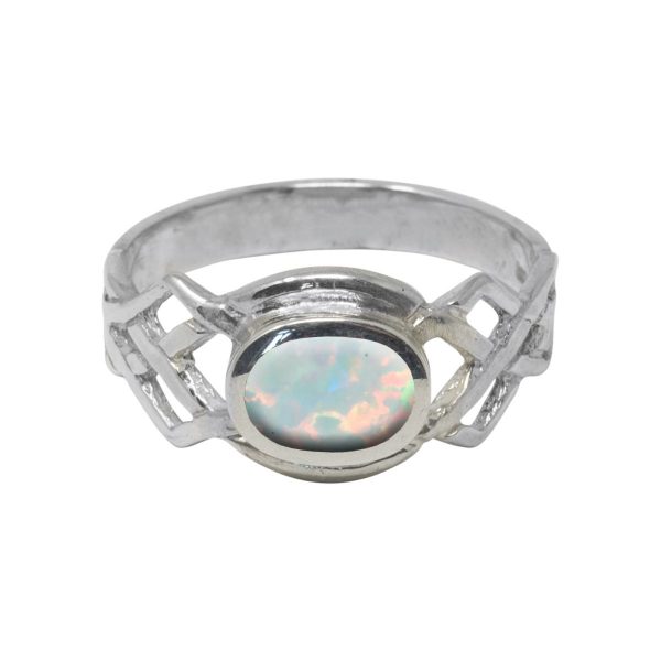 Silver Opalite Sun Ice Oval Stone Celtic Ring