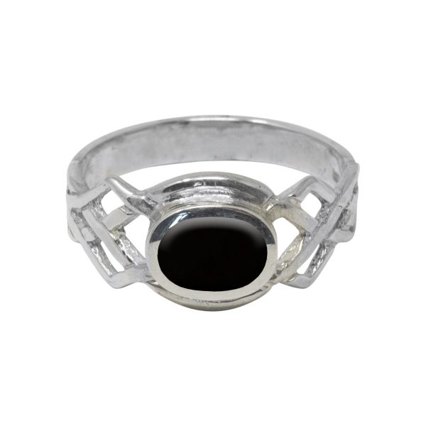 Silver Whitby Jet Oval Stone Celtic Ring