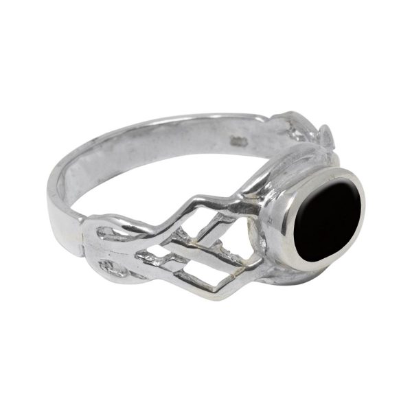 Silver Whitby Jet Oval Stone Celtic Ring