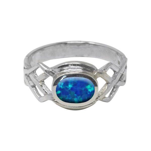 White Gold Opalite Cobalt Blue Celtic Ring