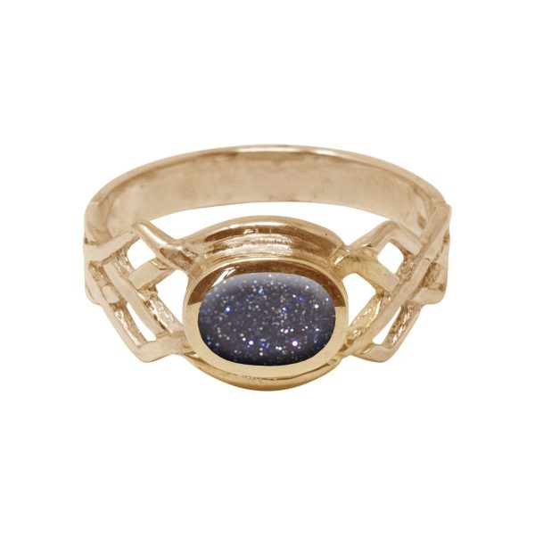 Yellow Gold Blue Goldstone Oval Stone Celtic Ring