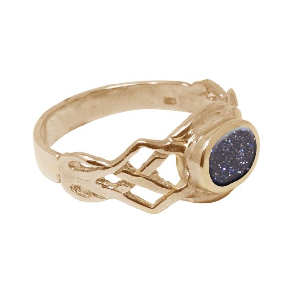 Yellow Gold Blue Goldstone Oval Stone Celtic Ring