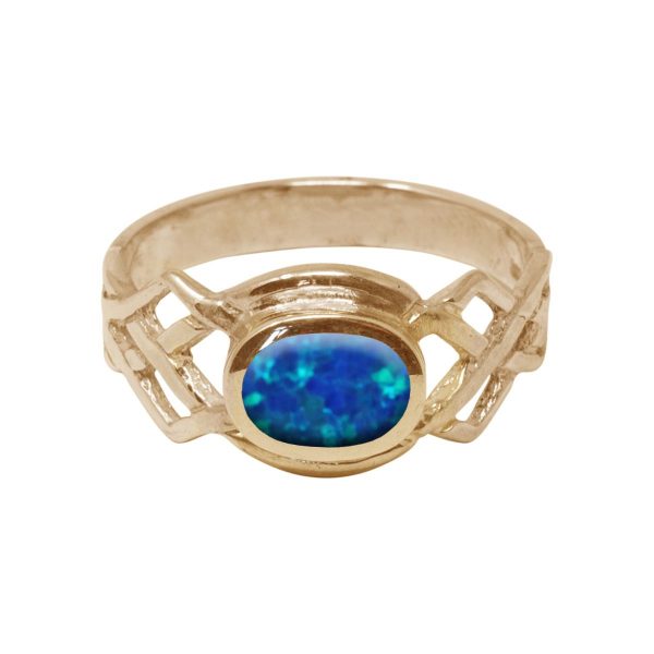 Yellow Gold Opalite Cobalt Blue Oval Stone Celtic Ring