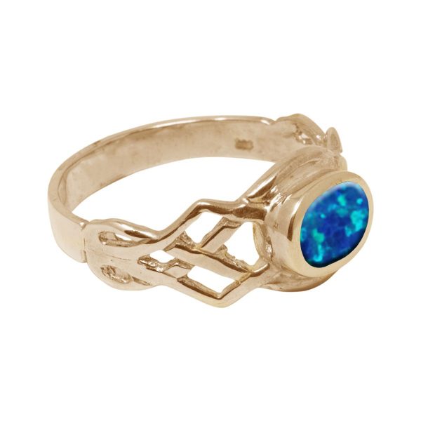 Yellow Gold Opalite Cobalt Blue Oval Stone Celtic Ring