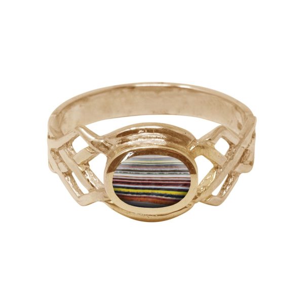 Yellow Gold Fordite Oval Stone Celtic Ring