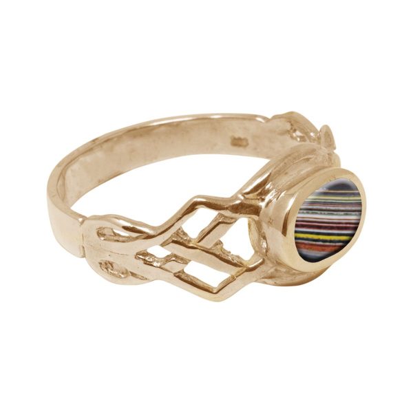 Yellow Gold Fordite Oval Stone Celtic Ring