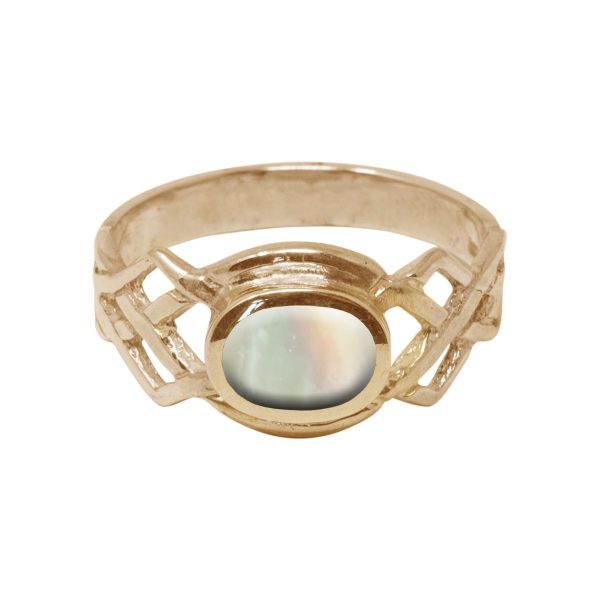 Yellow Gold Mother of Pearl Oval Stone Celtic Ring