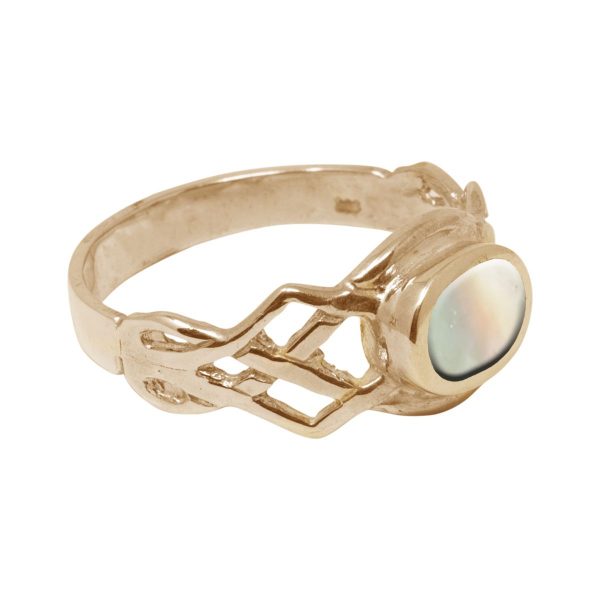 Yellow Gold Mother of Pearl Oval Stone Celtic Ring