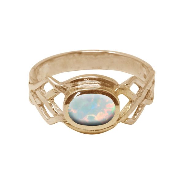Yellow Gold Opalite Oval Stone Celtic Ring