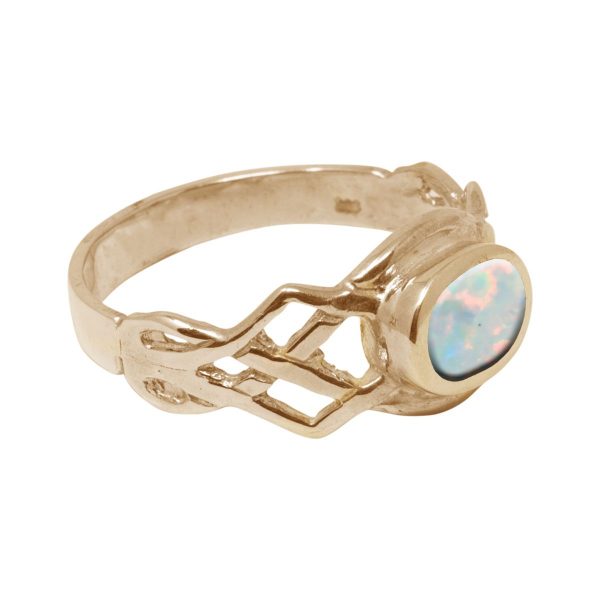 Yellow Gold Opalite Sun Ice Oval Stone Celtic Ring