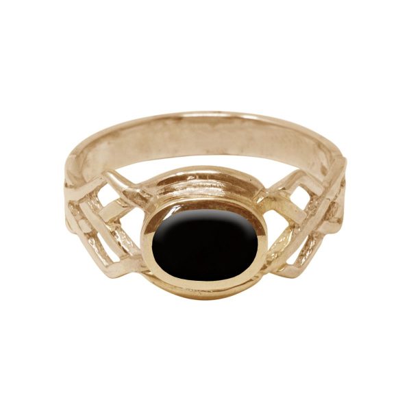 Yellow Gold Whitby Jet Oval Stone Celtic Ring