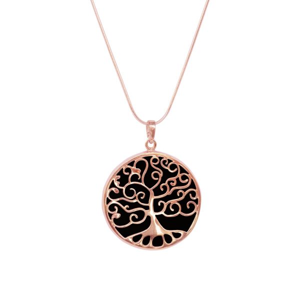 Rose Gold Whitby Jet Tree of Life Pendant