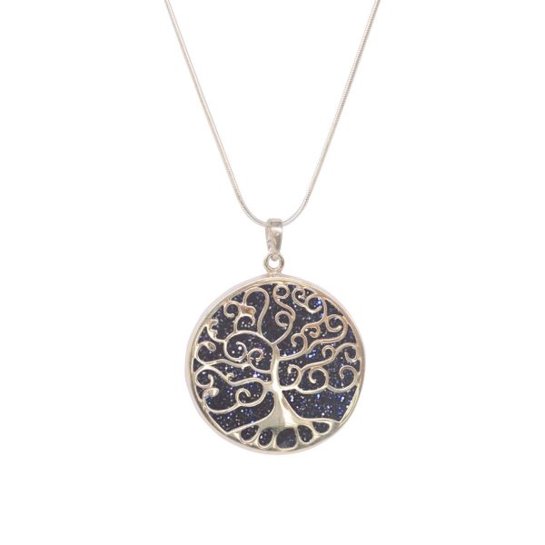 White Gold Blue Goldstone Round Double Sided Tree of Life Pendant