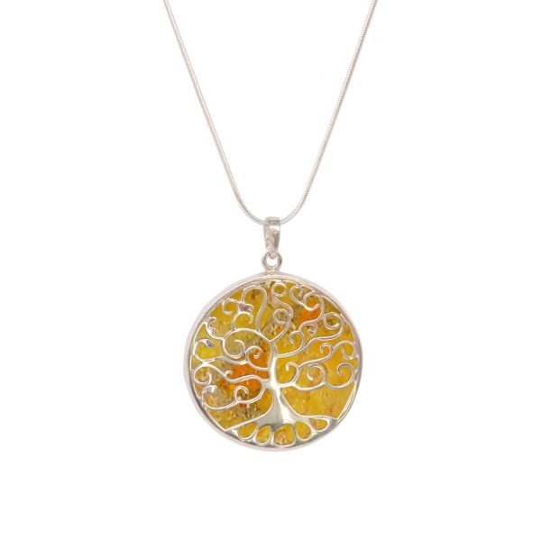 White Gold Bumblebee Jasper Round Double Sided Tree of Life Pendant