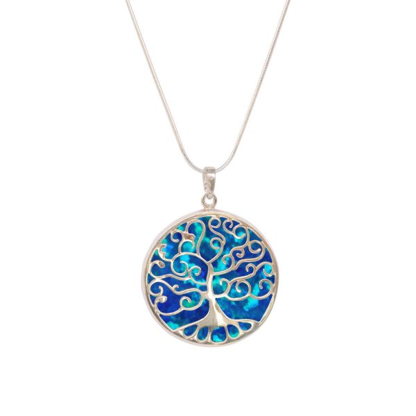 White Gold Opalite Cobalt Blue Round Double Sided Tree of Life Pendant
