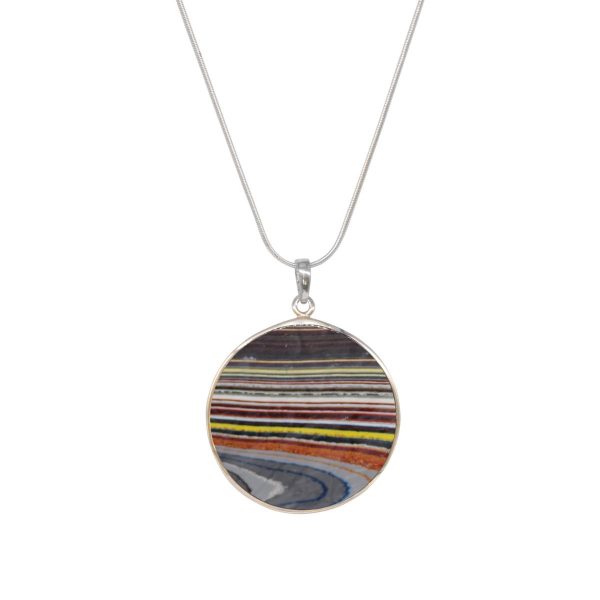 White Gold Fordite Round Double Sided Tree of Life Pendant