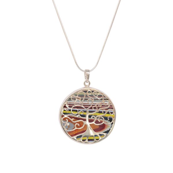 White Gold Fordite Round Double Sided Tree of Life Pendant