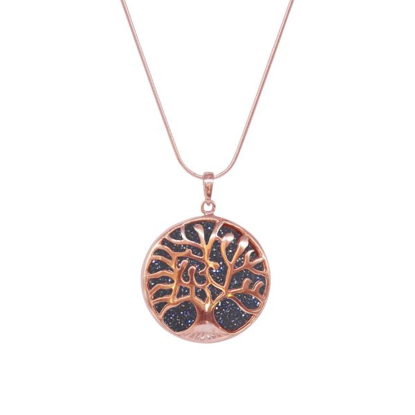 Rose Gold Blue Goldstone Tree of Life Pendant