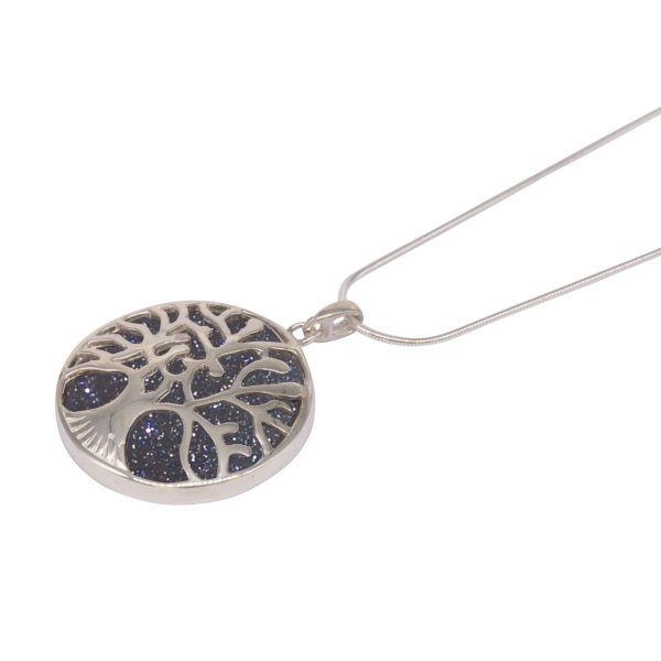 White Gold Blue Goldstone Round Double Sided Tree of Life Pendant