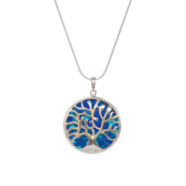 White Gold Opalite Cobalt Blue Round Double Sided Tree of Life Pendant