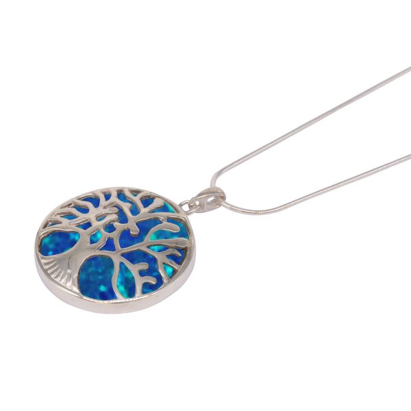 White Gold Opalite Cobalt Blue Round Double Sided Tree of Life Pendant